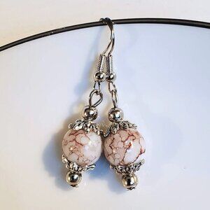 Art Nouveau Mottled White Brown Glass Beads Antiqued Silver Earrings